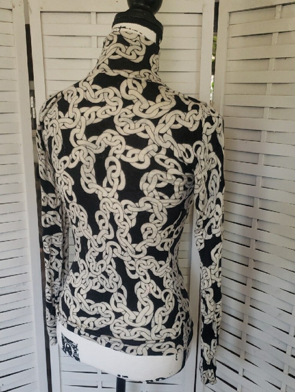 Diane Von Fustenberg Black & Cream Print Long Sleeve Turtleneck Top Size XS - Picture 3 of 5